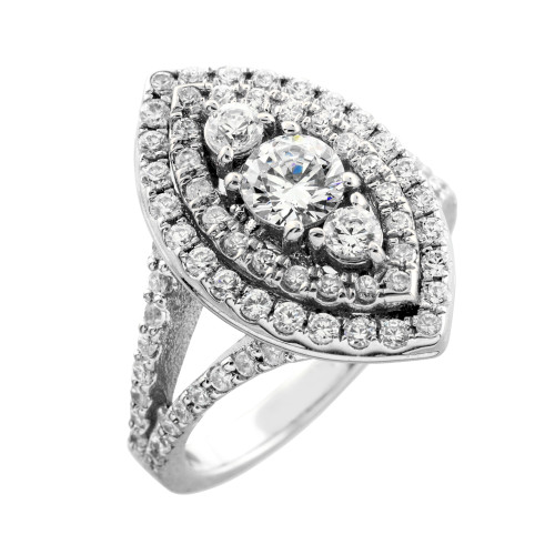 Marquise-shaped double halo diamond engagement ring in 14k white gold.