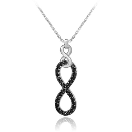 Vertical infinity necklace with black diamonds in 14k white gold.