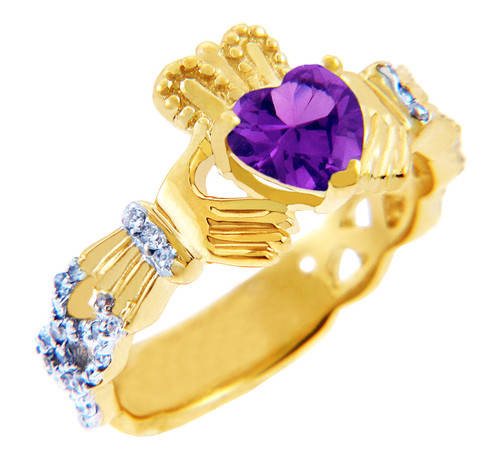 Gold Diamond Claddagh Ring with 0.40 Carats of Diamonds and Amethyst Birthstone.  Available in 14k and 10k Gold.