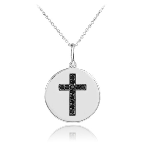 Cross disc pendant necklace with black diamonds in 14k white gold.