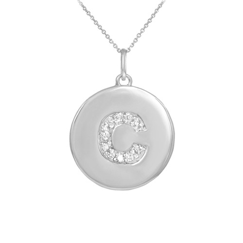 Letter "C" disc pendant necklace with diamonds in 10k or 14k white gold.