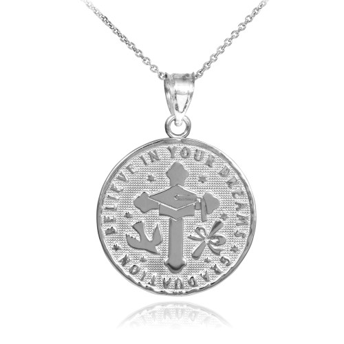 White Gold Reversible Graduation Medallion Charm Pendant Necklace