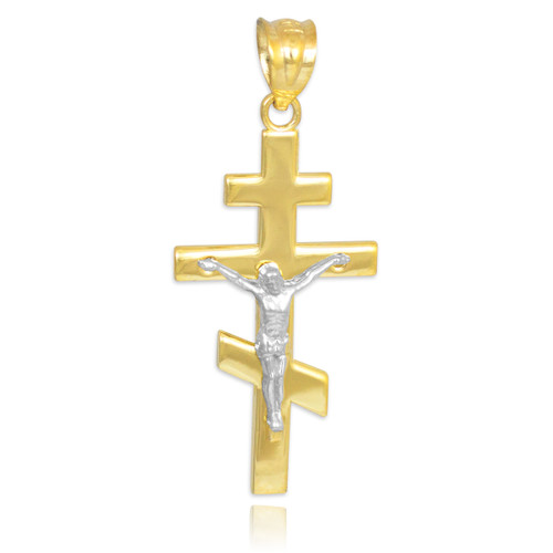 Two-tone Gold Russian Orthodox Crucifix Pendant