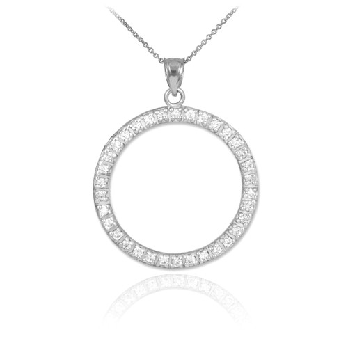 14K White Gold Eternity Circle of Life CZ Pendant Necklace
