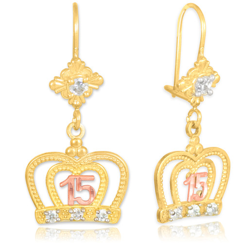 Two-tone Quinceanera Imperial Crown CZ Earrings