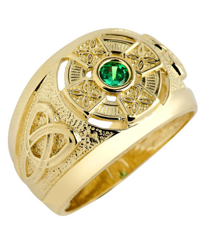 Yellow Gold Celtic Cross Men's Green CZ Emerald Ring