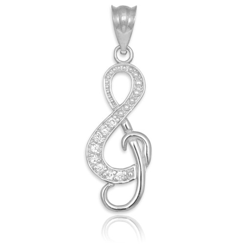 Diamond Studded White Gold Treble Clef Music Pendant Necklace