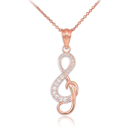 Diamond Studded Rose Gold Treble Clef Music Pendant Necklace