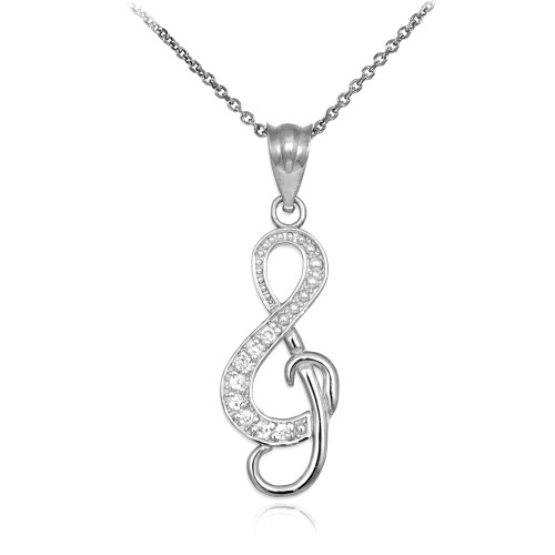 925 Sterling Silver Treble Clef CZ Music Pendant Necklace