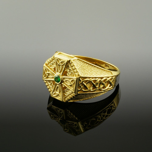 Yellow Gold Celtic Cross Green CZ Mens Emerald Ring