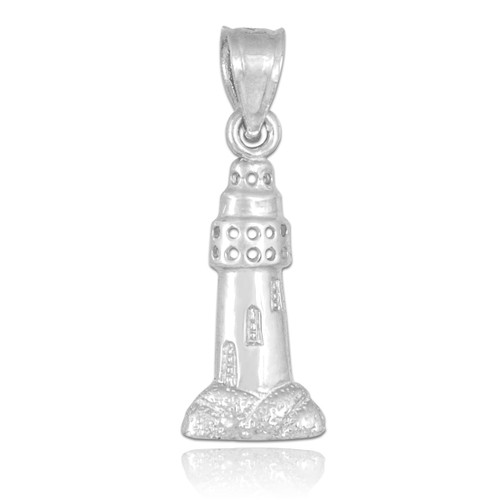 Polished White Gold Lighthouse Charm Pendant Necklace