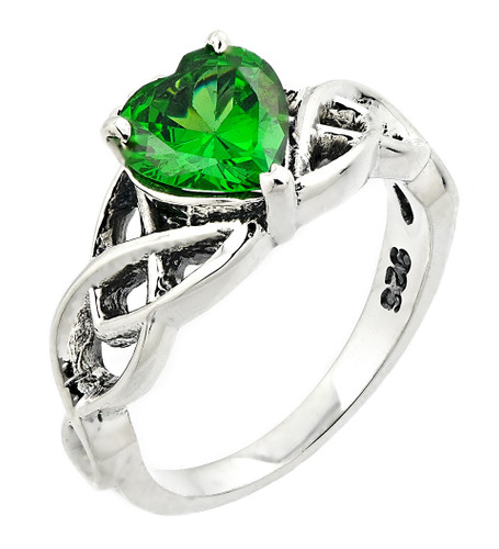 925 Sterling Silver Celtic Knot Green Emerald Solitaire Ring