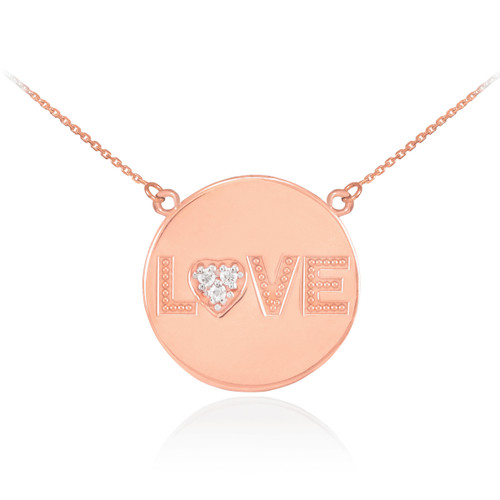 14K Rose Gold "LOVE" Script Diamond Disc Necklace