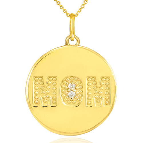 14K Gold "MOM" Script Diamond Disc Pendant Necklace