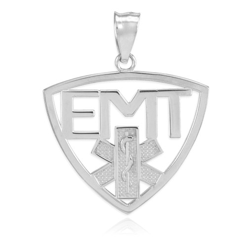 Polished White Gold EMT Emergency Medical Technician Pendant Necklace