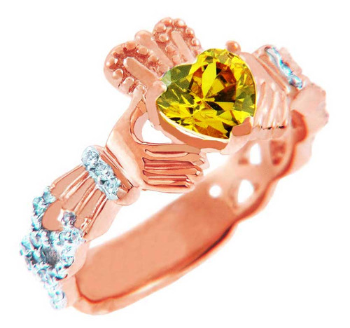 Rose Gold Diamond Claddagh Ring With 0.4 Ct  Citrine