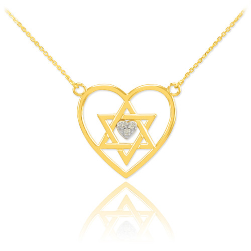 14K Gold Open Heart Star of David Diamond Pave Heart Necklace