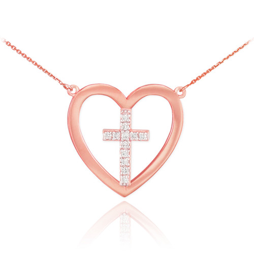 14K Rose Gold Open Heart Diamond Cross Necklace