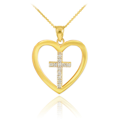 Gold Open Heart Diamond Cross Pendant Necklace