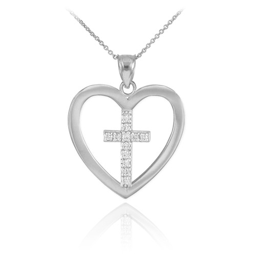 Sterling Silver Open Heart CZ Cross Pendant Necklace