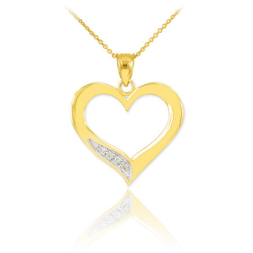 Yellow Gold Open Heart Diamond Pendant Necklace