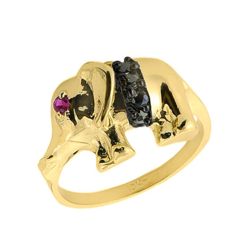 10k Gold Black Onyx and Red CZ Elephant Ring