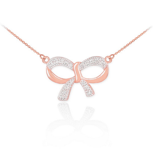 14K Polished Rose Gold Diamond Bow Necklace