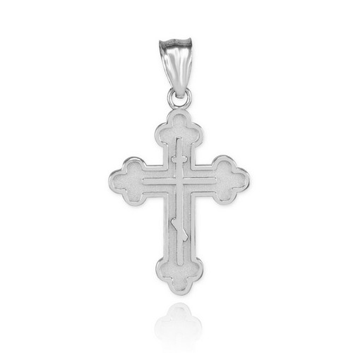 Solid White Gold Eastern Orthodox Cross Charm Pendant Necklace
