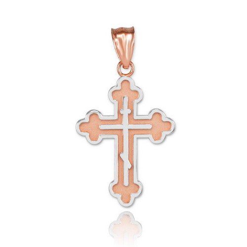 Two-Tone Rose Gold Eastern Orthodox Cross Charm Pendant Necklace