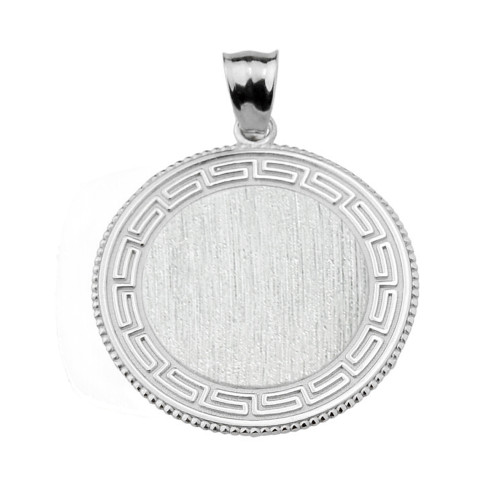 Greek Key Silver Engravable Round Pendant Necklace