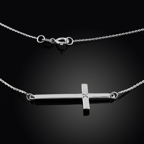 14K Solid White Gold Sideways Diamond Cross Necklace