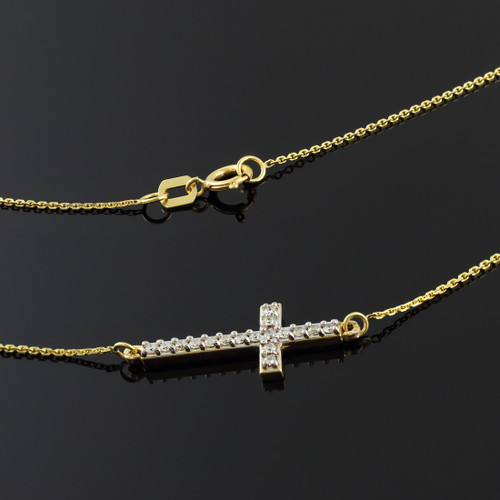 14K Gold Diamond Sideways Cross Necklace