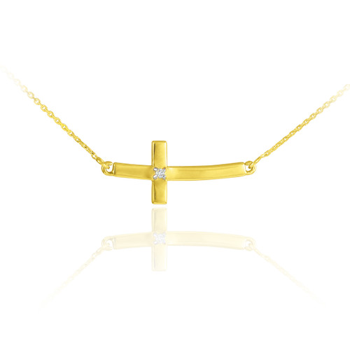 14K Gold Sideways Small Curved Diamond Cross Pendant Necklace