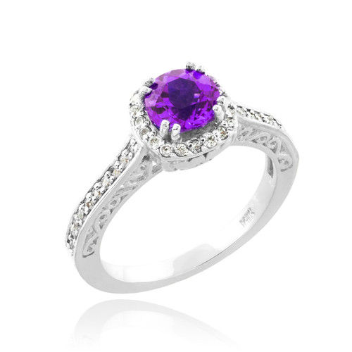 White Gold Amethyst Solitaire Halo Diamond Pave Engagement Ring