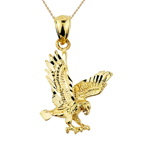Solid Yellow Gold Diamond Cut Eagle Charm Pendant Necklace