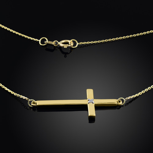 14K Solid Gold Sideways Diamond Cross Necklace