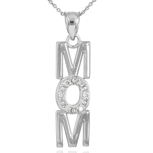 14K White Gold MOM Diamond Studded Vertical Pendant Necklace