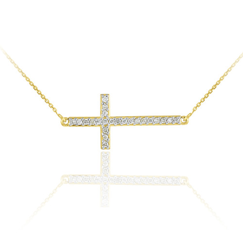 14K Gold Sideways Cross CZ Pendant Necklace