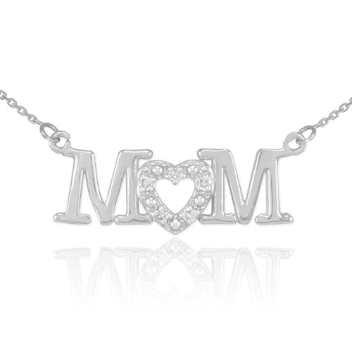 14K White Gold MOM Diamond Studded Heart Horizontal Necklace