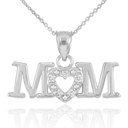 14K White Gold MOM Diamond Studded Heart Pendant Necklace