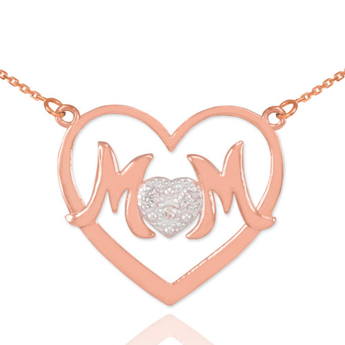 14K Rose Gold Diamond Pave Heart "MOM" Necklace