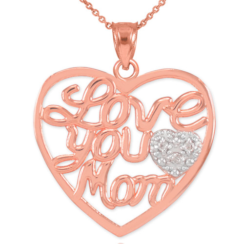 14K Rose Gold Diamond Pave Heart "Love You Mom" Pendant Necklace