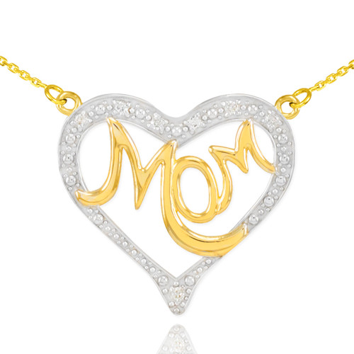 14K Two-Tone Gold Diamond Studded "Mom" Heart Necklace