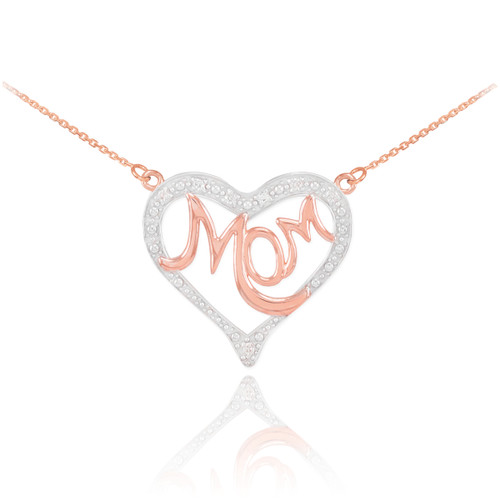 14K Two-Tone Rose Gold Diamond Studded "Mom" Heart Necklace