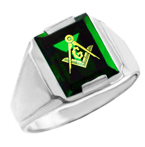 Freemason Green CZ Square & Compass Silver Masonic Mens Ring