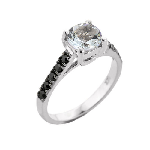 White Gold Aquamarine and Black Diamond Solitaire Engagement Ring