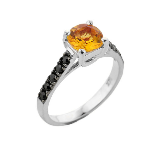 White Gold Citrine and Black Diamond Solitaire Engagement Ring