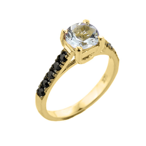 Yellow Gold Aquamarine and Black Diamond Solitaire Engagement Ring