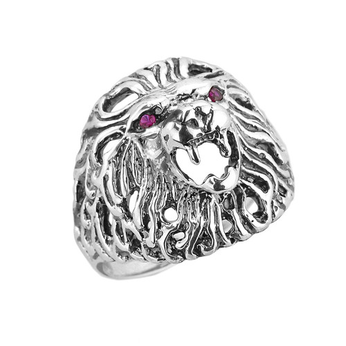 Sterling Silver Openwork Lion Head Men's Ring with Cubic Zircons