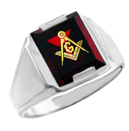 White Gold Freemason Red Stone Square & Compass Masonic Mens Ring